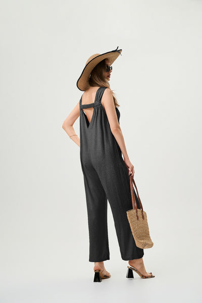 Women's Linen Jumpsuit - Comfortable And Breathable, Elastic Back With Classic H-Line Design And Pockets