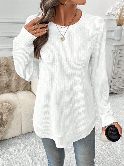 SHEIN LUNE Women's Basic Waffle Texture Round Neck Asymmetrical Hem Casual Comfortable Sweatshirt