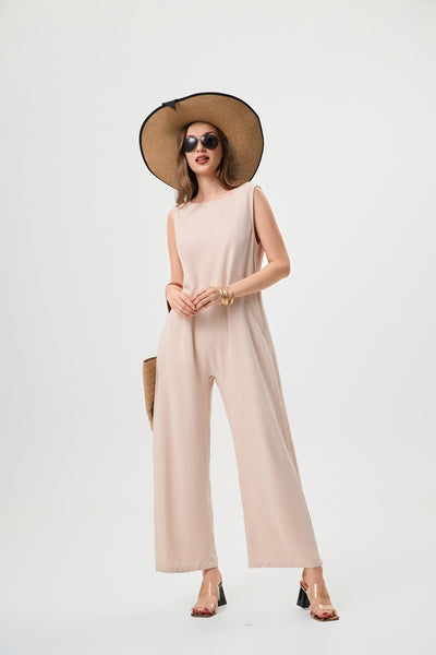 Women's Linen Jumpsuit - Comfortable And Breathable, Elastic Back With Classic H-Line Design And Pockets