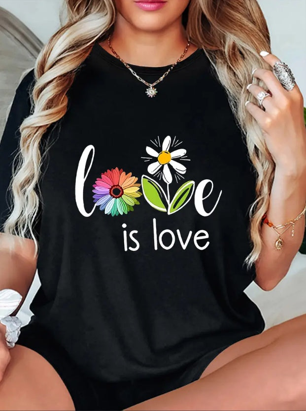 Love Floral Graphic Casual Round Neck Short Sleeve T-Shirt