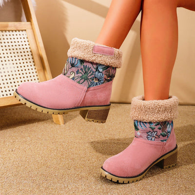 Flowers Embroidered Snow Boots Ethnic Style Platform Thick Square Heel