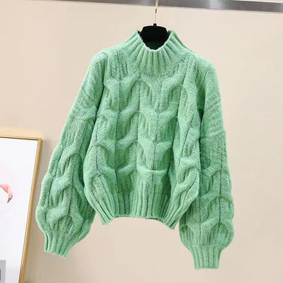 Half-high Collar Long Sleeve Pullover Sweater Loose Puff Sleeve Knitted Top