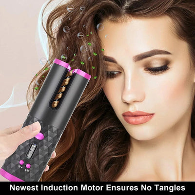 Portable Automatic Hair Curler, Ceramic Rotating Wireless Auto Curling Iron Wand