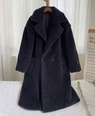 Lapel Lamb Fleece Coat with Pockets Faux Fur