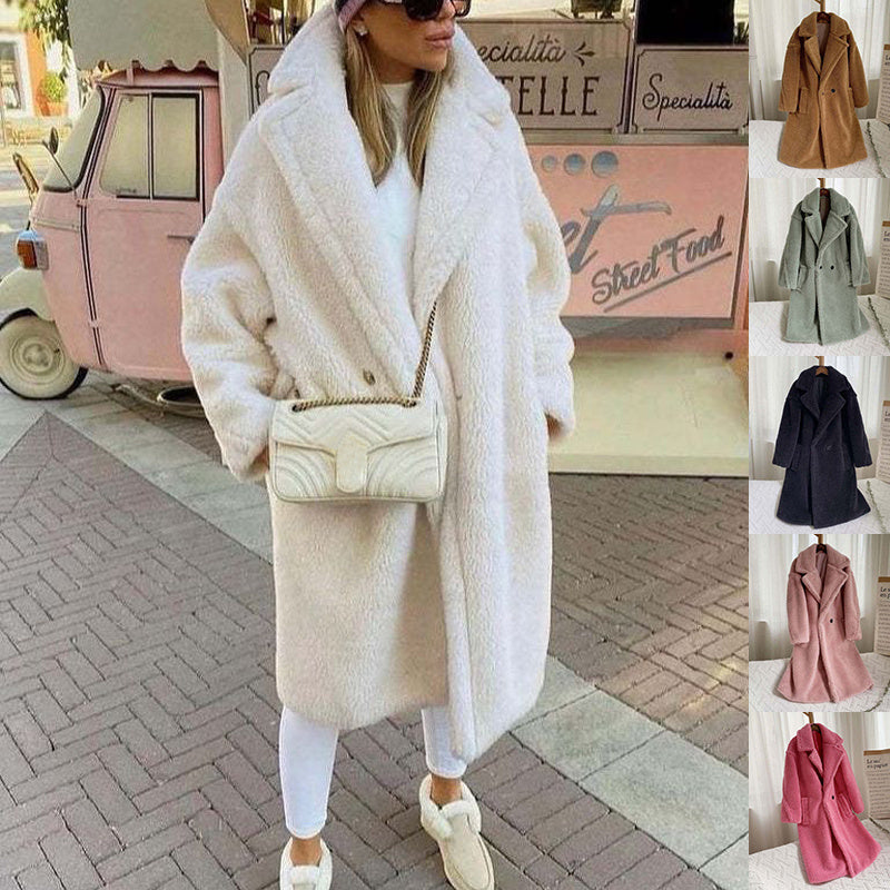 Lapel Lamb Fleece Coat with Pockets Faux Fur