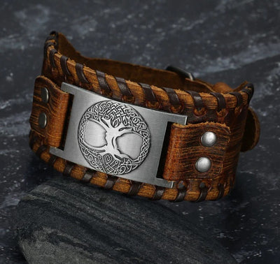 Asgard Crafted Leather Buckle Arm Cuff with Metal Celtic Tree Of Life Design