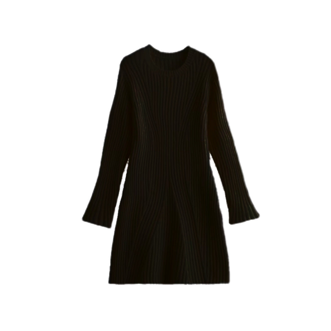 Solid Ribbed Knitted Dress Slim-fit Stand-up Collar A-line