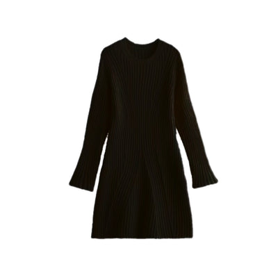 Solid Ribbed Knitted Dress Slim-fit Stand-up Collar A-line