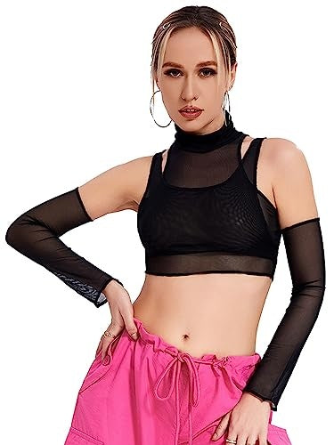 Women's Wear Turtleneck Navel Mesh See-through T-shirt