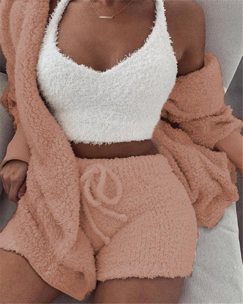 3-piece Long Sleeve Crop Tank Top and Drawstring Shorts Pajama Set