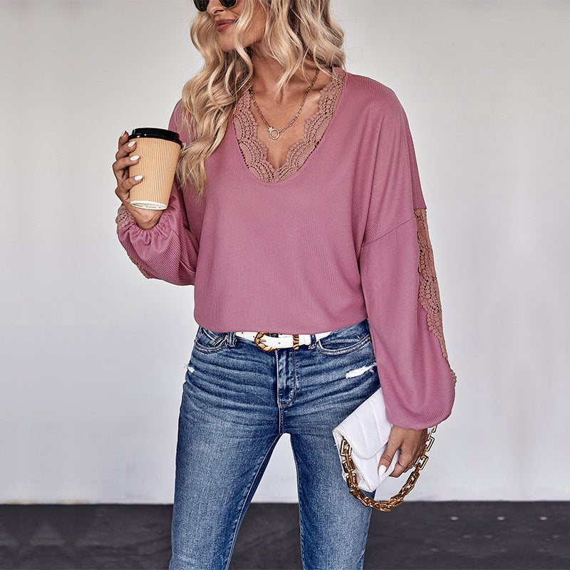 Women's Lace V-neck Long Sleeve Top