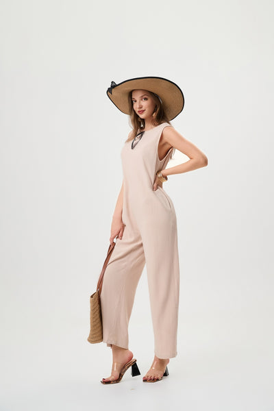 Women's Linen Jumpsuit - Comfortable And Breathable, Elastic Back With Classic H-Line Design And Pockets