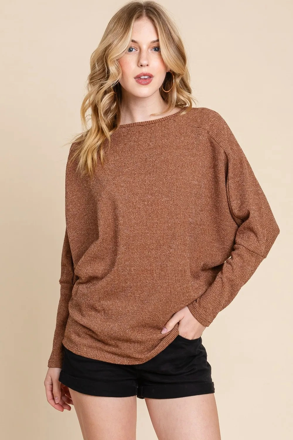 BOMBOM Drop Shoulder Long Sleeve Knitted Top