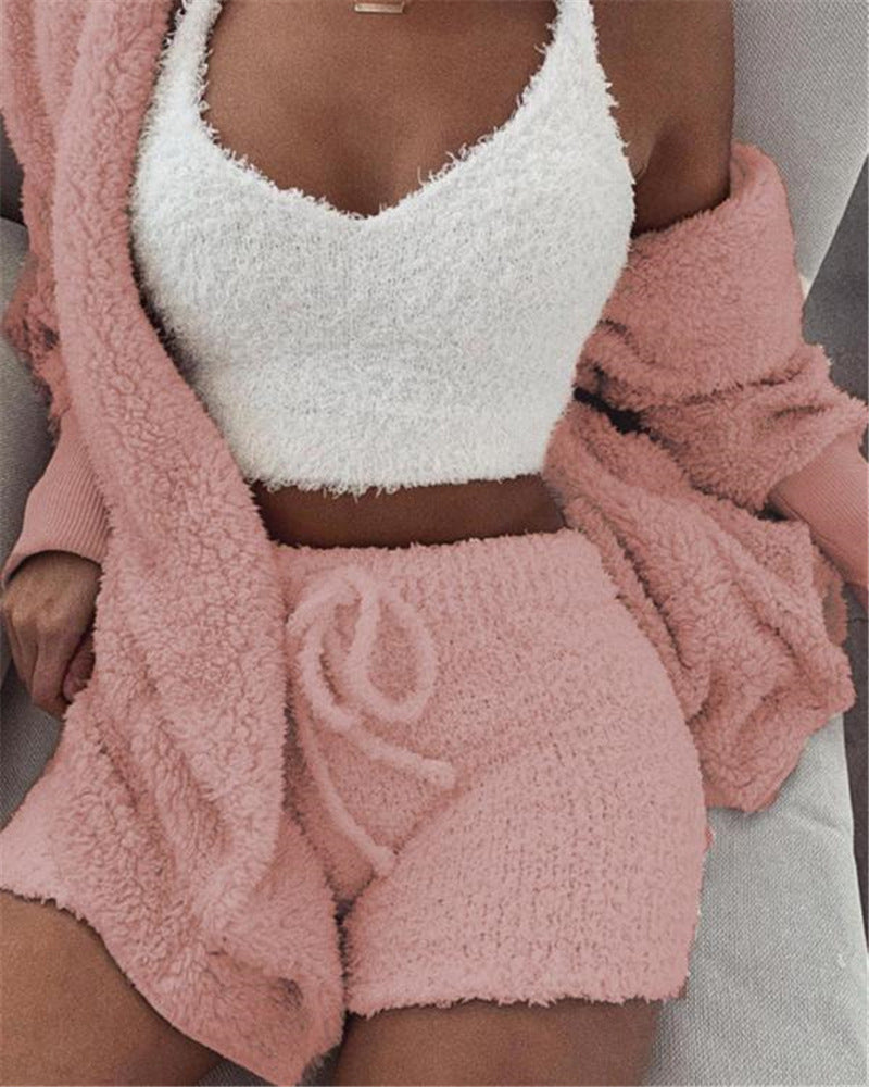 3-piece Long Sleeve Crop Tank Top and Drawstring Shorts Pajama Set