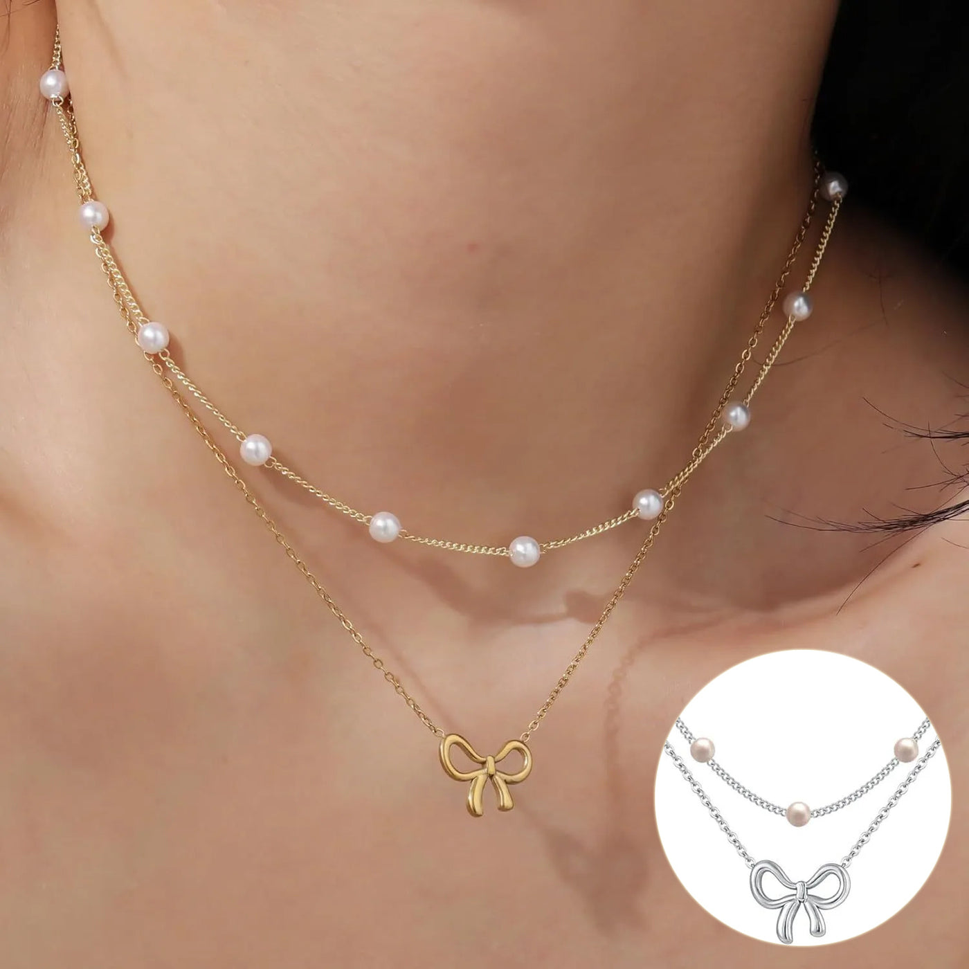 Simple Pearl Double Layer Choker Fashion Gold Color Necklace