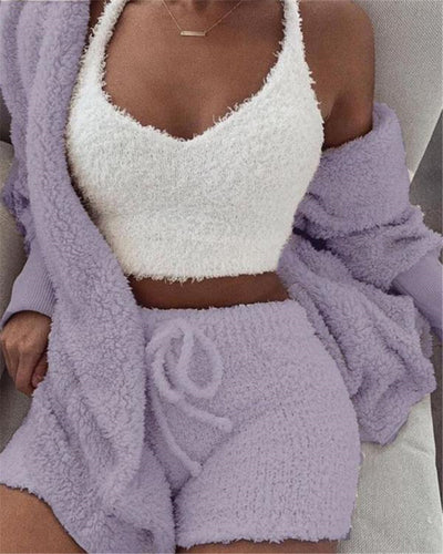 3-piece Long Sleeve Crop Tank Top and Drawstring Shorts Pajama Set