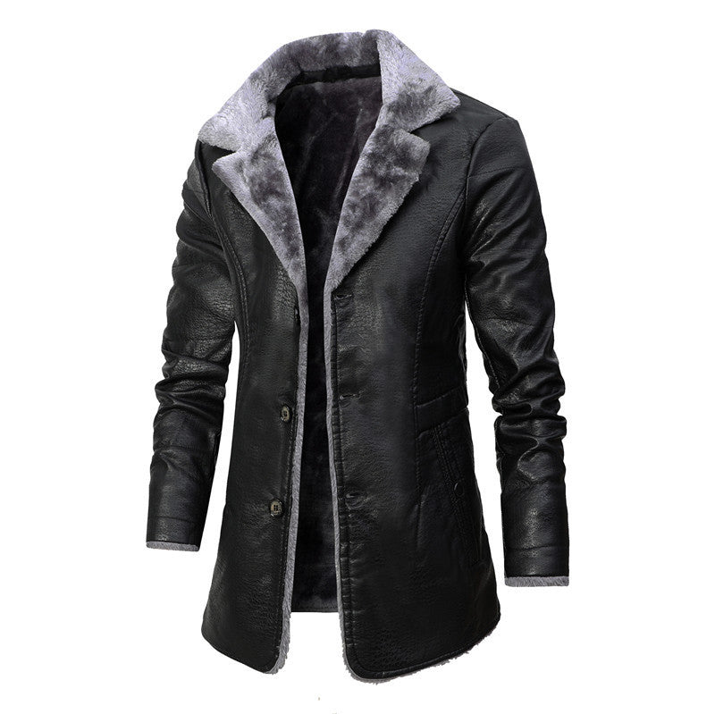 Plush Lapel Leather Single-breasted Winter Coat for Men