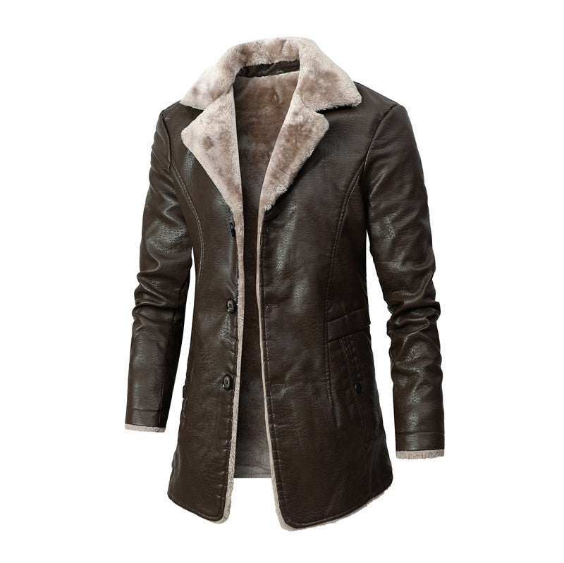 Plush Lapel Leather Single-breasted Winter Coat for Men