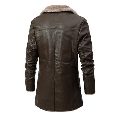 Plush Lapel Leather Single-breasted Winter Coat for Men