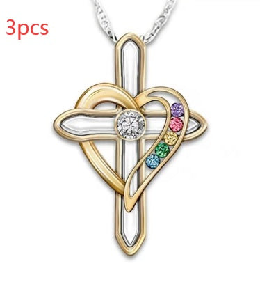 Cross Love Colorful Imitation Gemstone Pendant Alloy Clavicle Chain