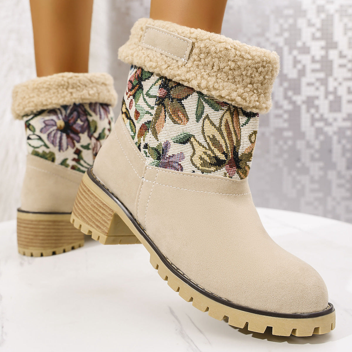 Flowers Embroidered Snow Boots Ethnic Style Platform Thick Square Heel