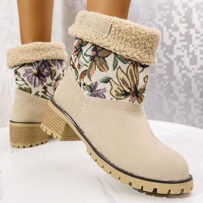 Flowers Embroidered Snow Boots Ethnic Style Platform Thick Square Heel