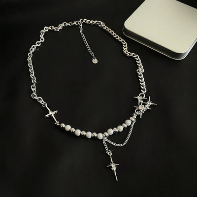 Unisex Style Eight-pointed Stars Reflective Pearl Necklace