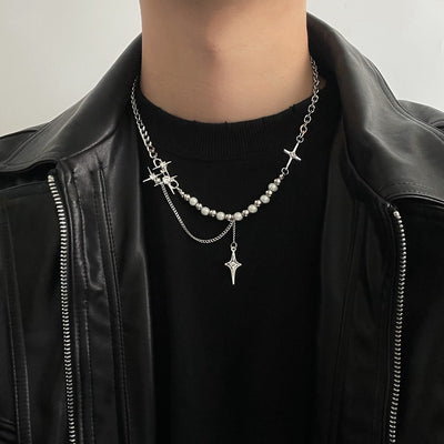 Unisex Style Eight-pointed Stars Reflective Pearl Necklace