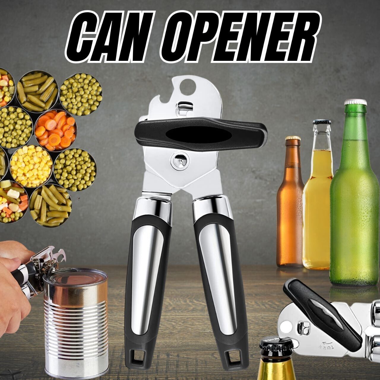 Manual Handheld Can Opener with Cutting Wheel Blade Lid Cap Openers