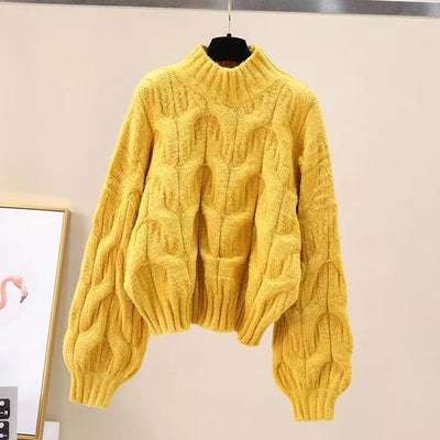 Half-high Collar Long Sleeve Pullover Sweater Loose Puff Sleeve Knitted Top