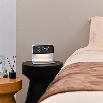 Creative 3-in-1 Bedside Lamp, Wireless Phone Charger, LCD Screen Alarm Clock