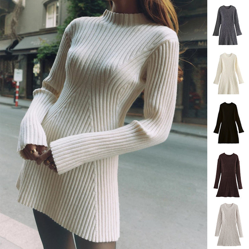 Solid Ribbed Knitted Dress Slim-fit Stand-up Collar A-line