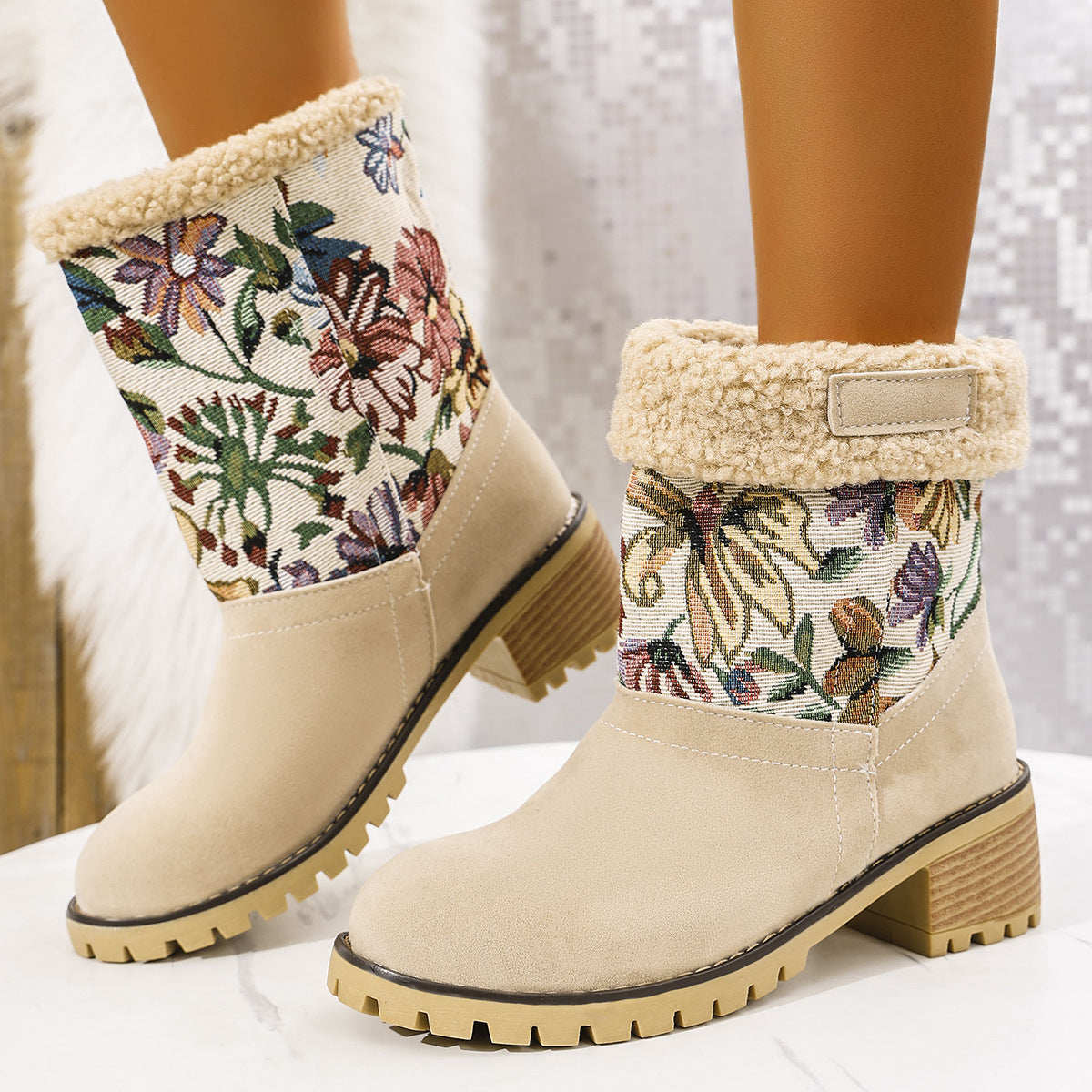 Flowers Embroidered Snow Boots Ethnic Style Platform Thick Square Heel