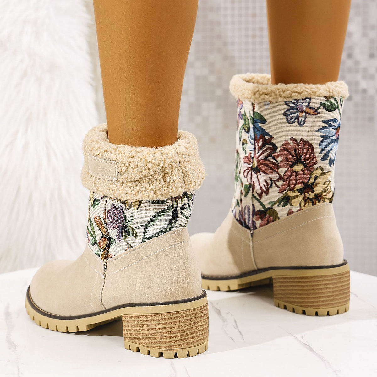 Flowers Embroidered Snow Boots Ethnic Style Platform Thick Square Heel