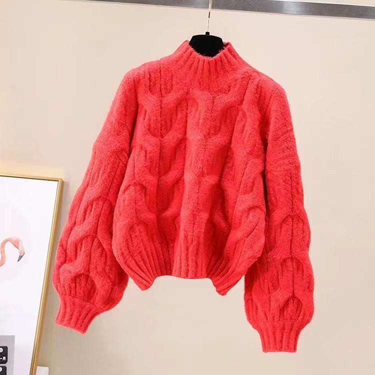 Half-high Collar Long Sleeve Pullover Sweater Loose Puff Sleeve Knitted Top