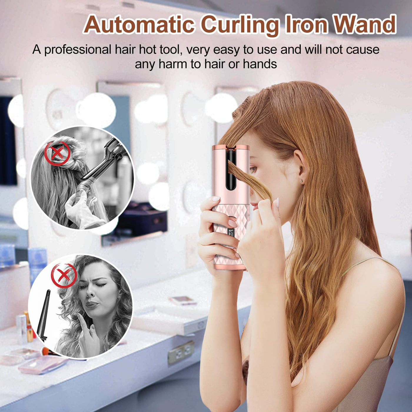 Portable Automatic Hair Curler, Ceramic Rotating Wireless Auto Curling Iron Wand