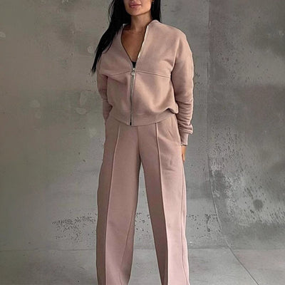 Women's Sports Suits Zipper Jacket and Wide Leg Pants Two-piece Set