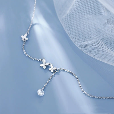 S925 Sterling Silver Butterfly Zircon Anklet Flower Tassel