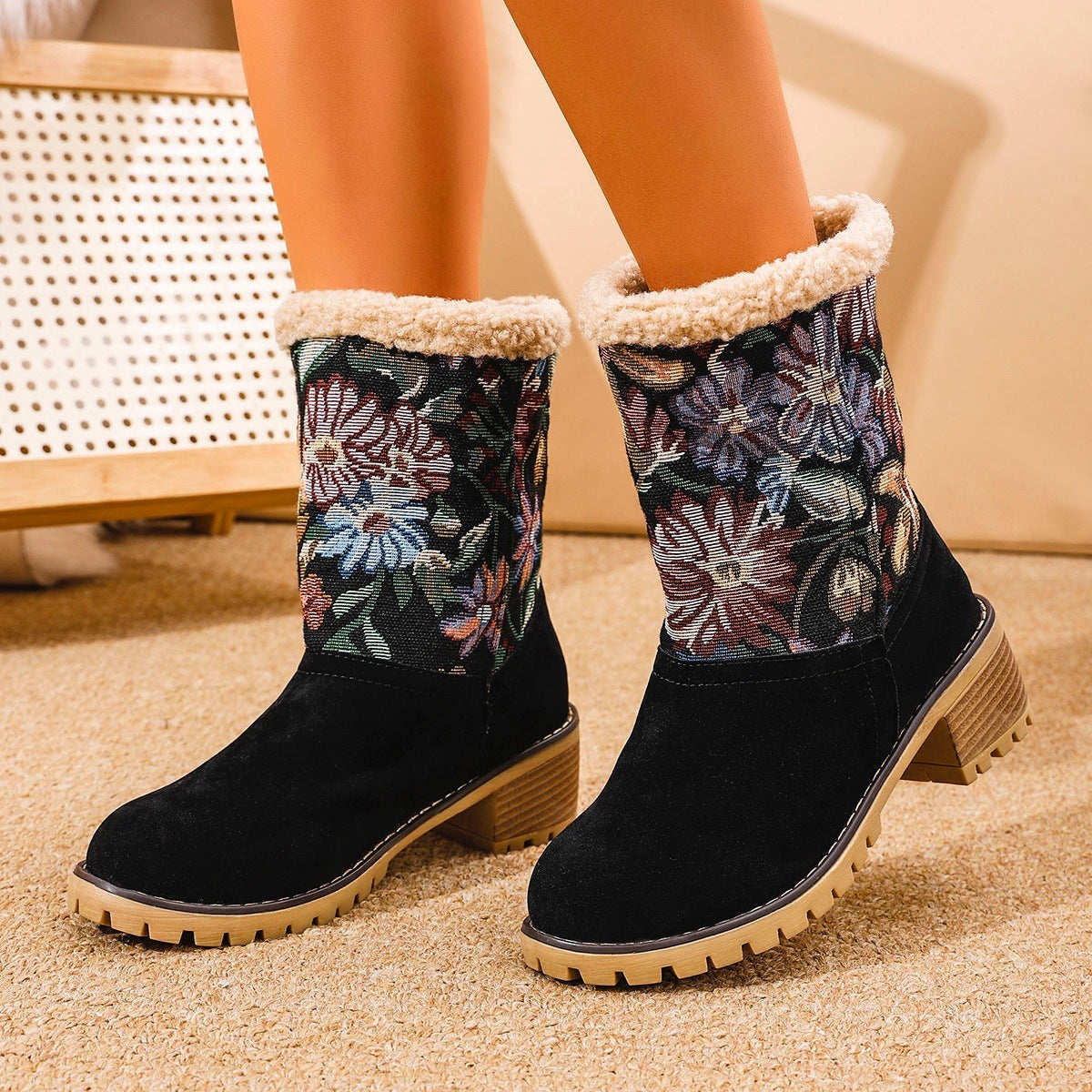 Flowers Embroidered Snow Boots Ethnic Style Platform Thick Square Heel