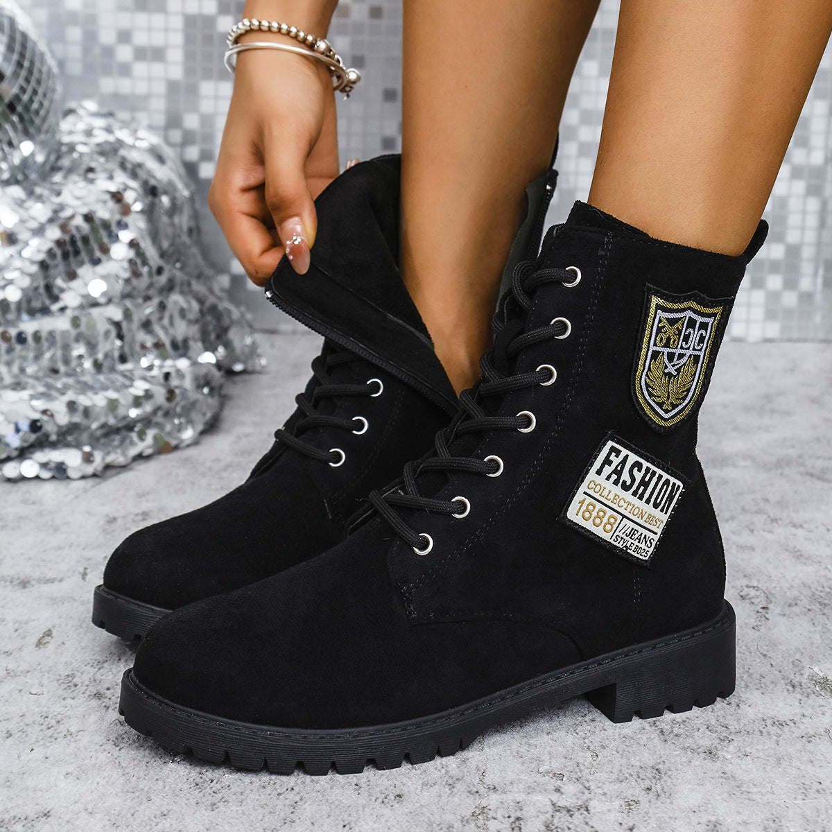 Fashion Lace-up Chunky Heels Winter Round Toe Boots