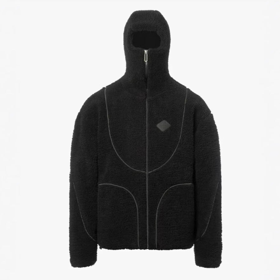 Men's Fashion Lambs Wool Hooded Zipper Sweatshirt Patchwork Line Design