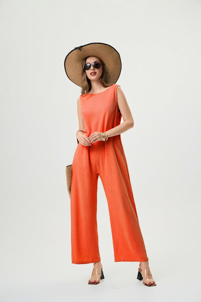 Women's Linen Jumpsuit - Comfortable And Breathable, Elastic Back With Classic H-Line Design And Pockets