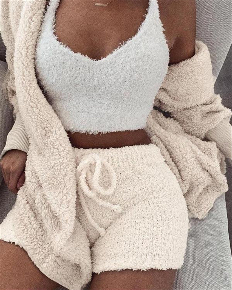 3-piece Long Sleeve Crop Tank Top and Drawstring Shorts Pajama Set