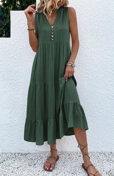 Button Detail Ruffle Hem Smock Dress