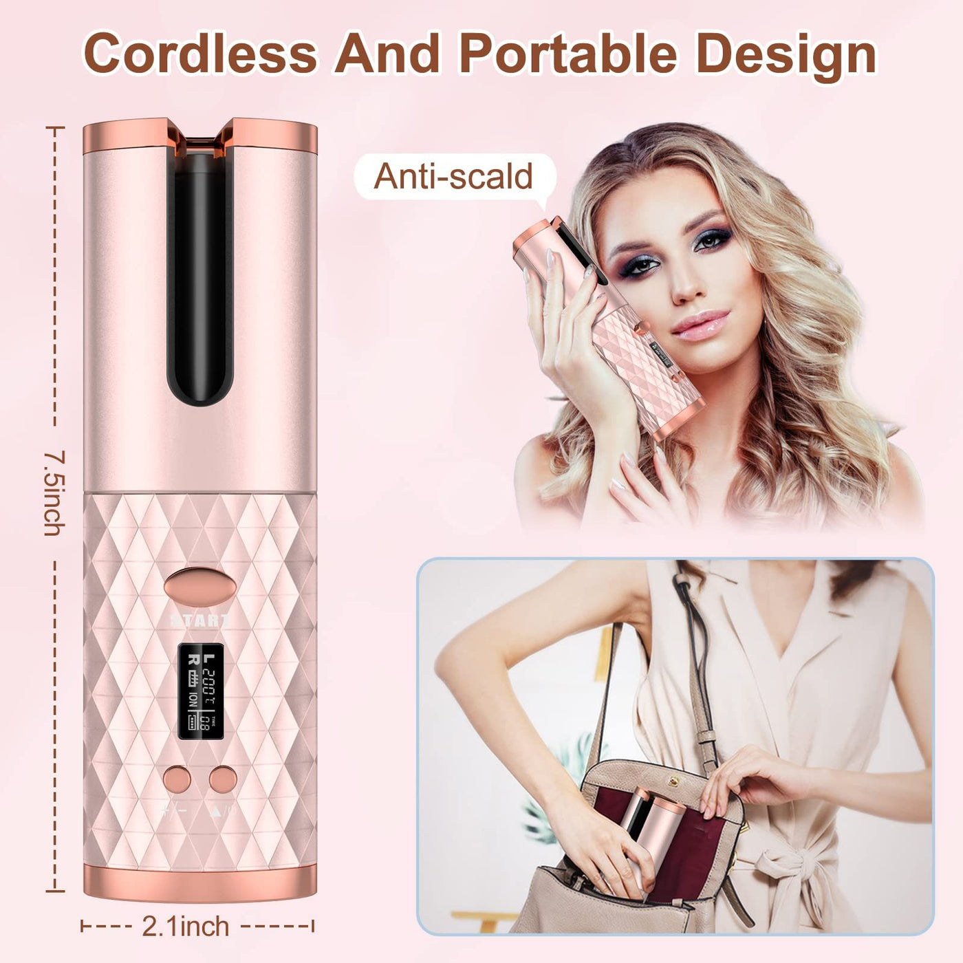 Portable Automatic Hair Curler, Ceramic Rotating Wireless Auto Curling Iron Wand