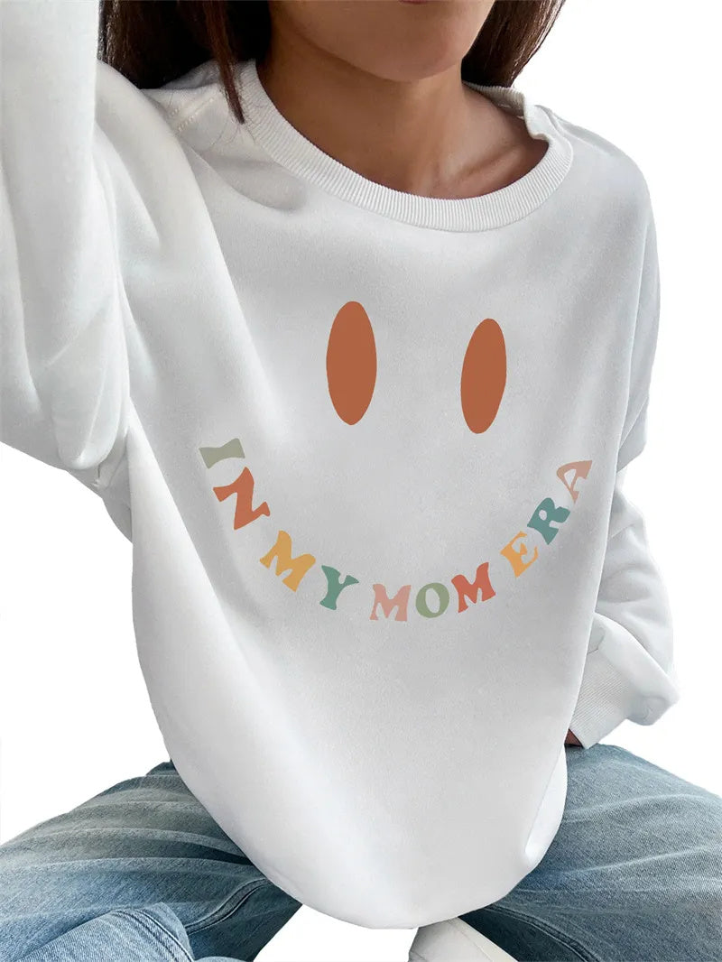 Casual Long Sleeve Colorful Smile Printed Round Neck Pullover