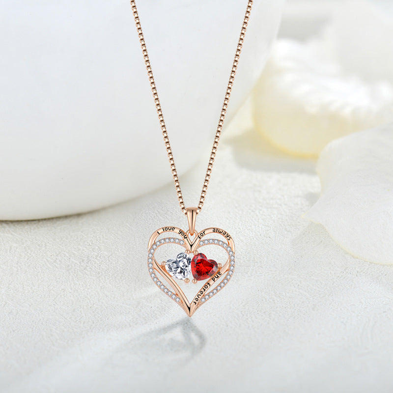 S925 Silver Double Love Heart-shaped Necklace with Rhinestones