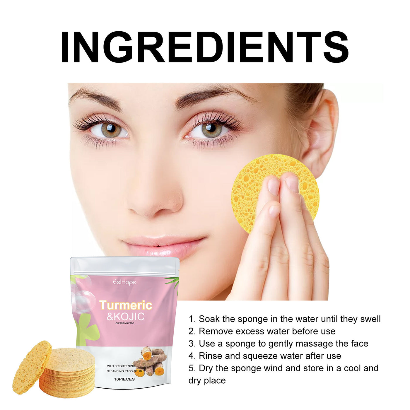 Turmeric Kojic Cleansing Pads, Deep Clean Delicate Pores Reduce Acne Spots Facial Skin Brightening