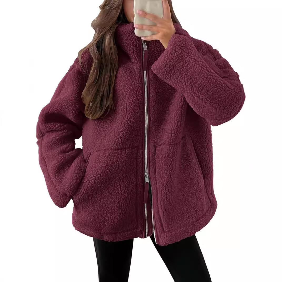 Winter Lapel Casual Fashion Solid Fleece Zip-up Coat with Pockets