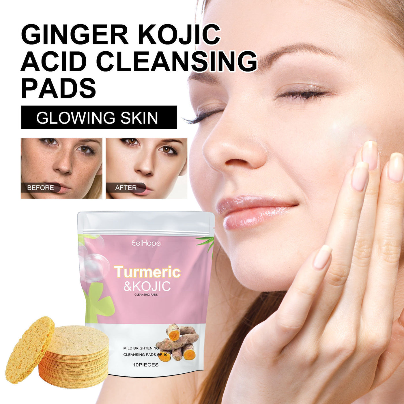 Turmeric Kojic Cleansing Pads, Deep Clean Delicate Pores Reduce Acne Spots Facial Skin Brightening